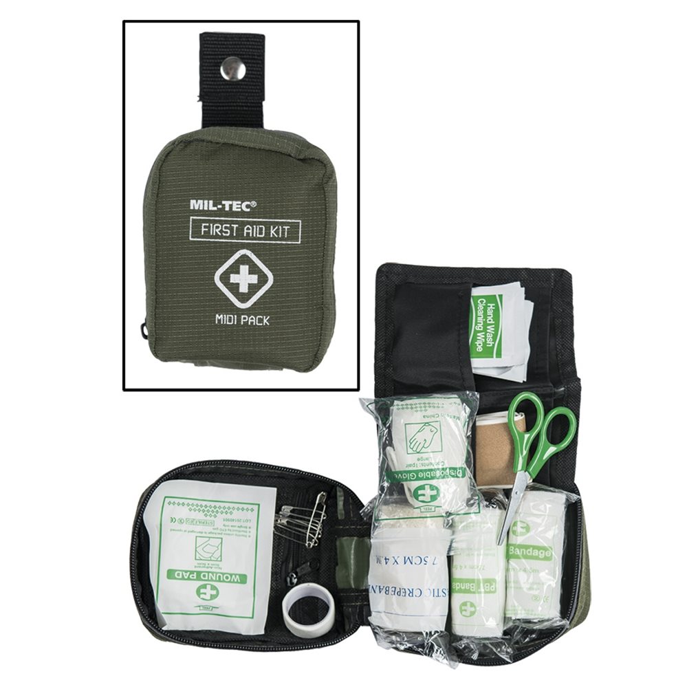 16025900 MIL-TEC® First Aid Midi Pack Oliv – kompaktes Erste-Hilfe-Set für unterwegs – Image 1