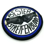 Patch textile „Qui est ton meilleur copain à rayures ?“ - Patch velcro (Ø 8 cm)